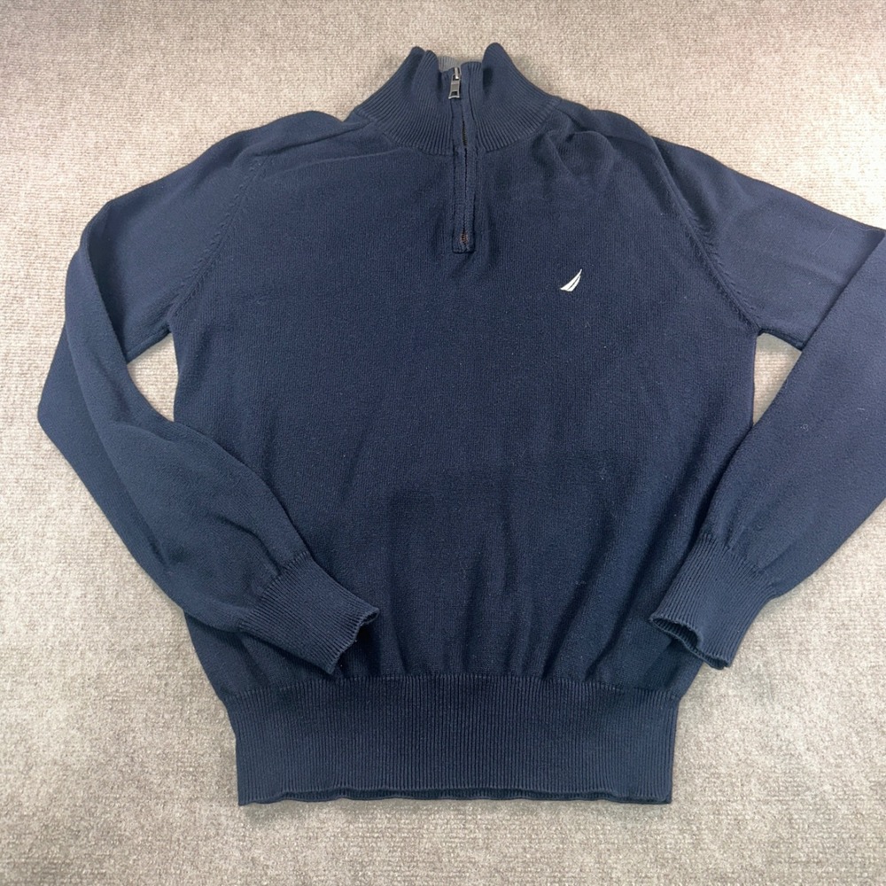 Nautica Mens Navy Blue Quarter Zip Cotton Knit Sweater Size Medium Logo